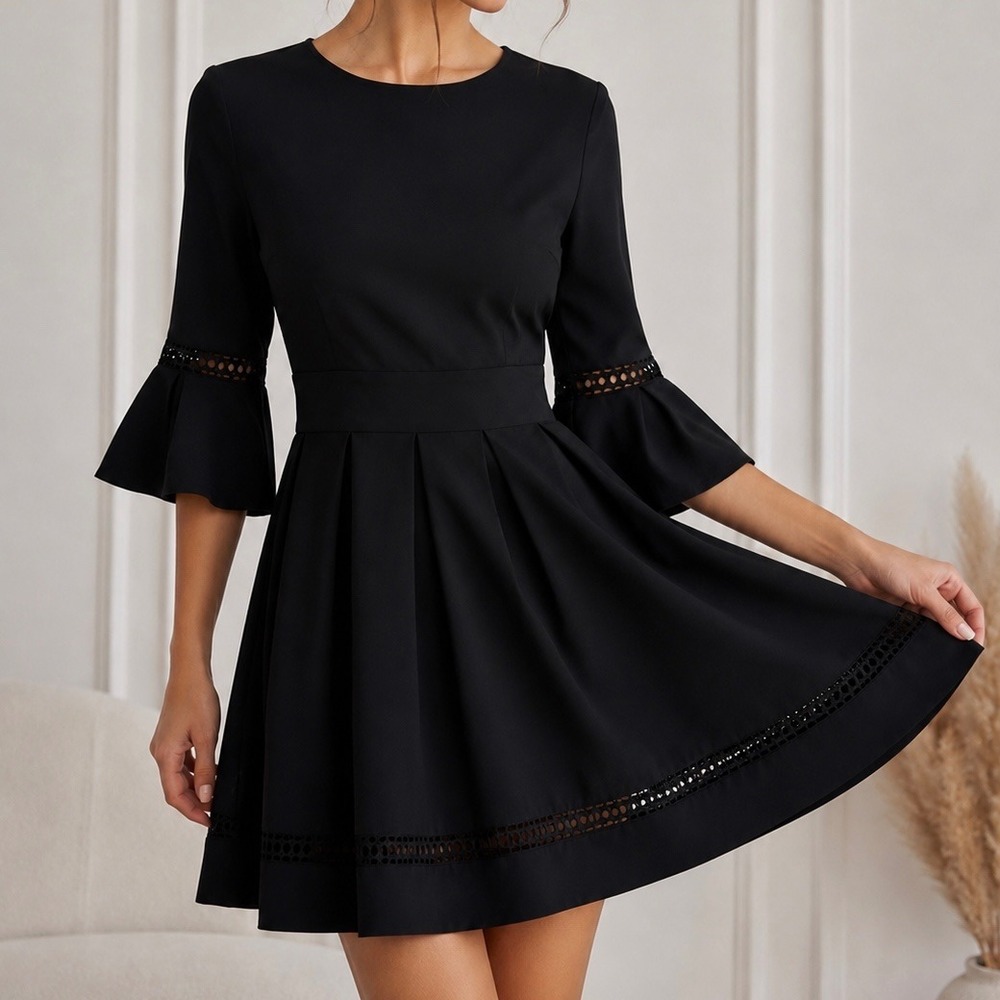 Black Fit & Flare Dress Bell Sleeve Lattice‎ Trim Mini Skater Dress Size Small